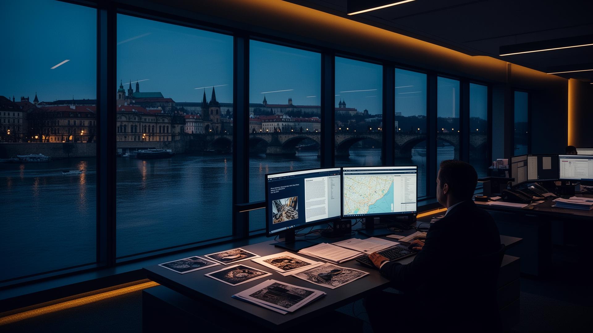 Exero Claims investigation operations center overlooking Prague at dusk