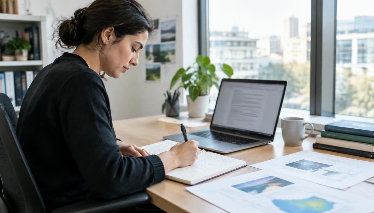 Researcher writing notes at an office desk beside a laptop and printed documents