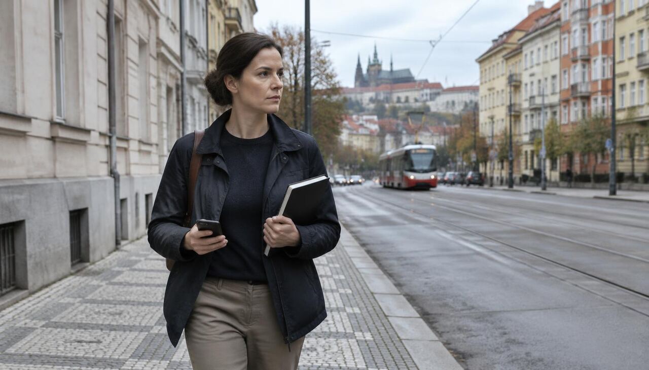 Investigator carrying a notebook and phone on a Prague street with a tram and Prague Castle in the background