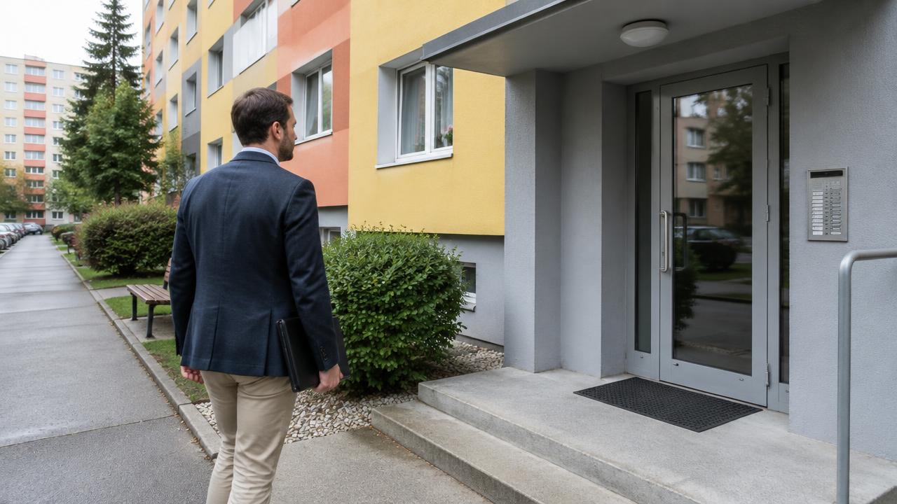 Field investigator approaching the entrance of a Czech apartment building