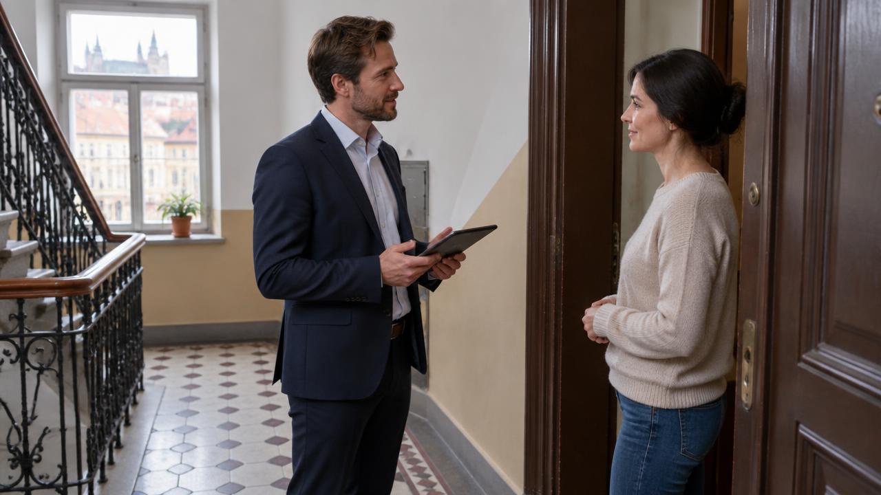 Investigator with a tablet speaking with a resident at an apartment door
