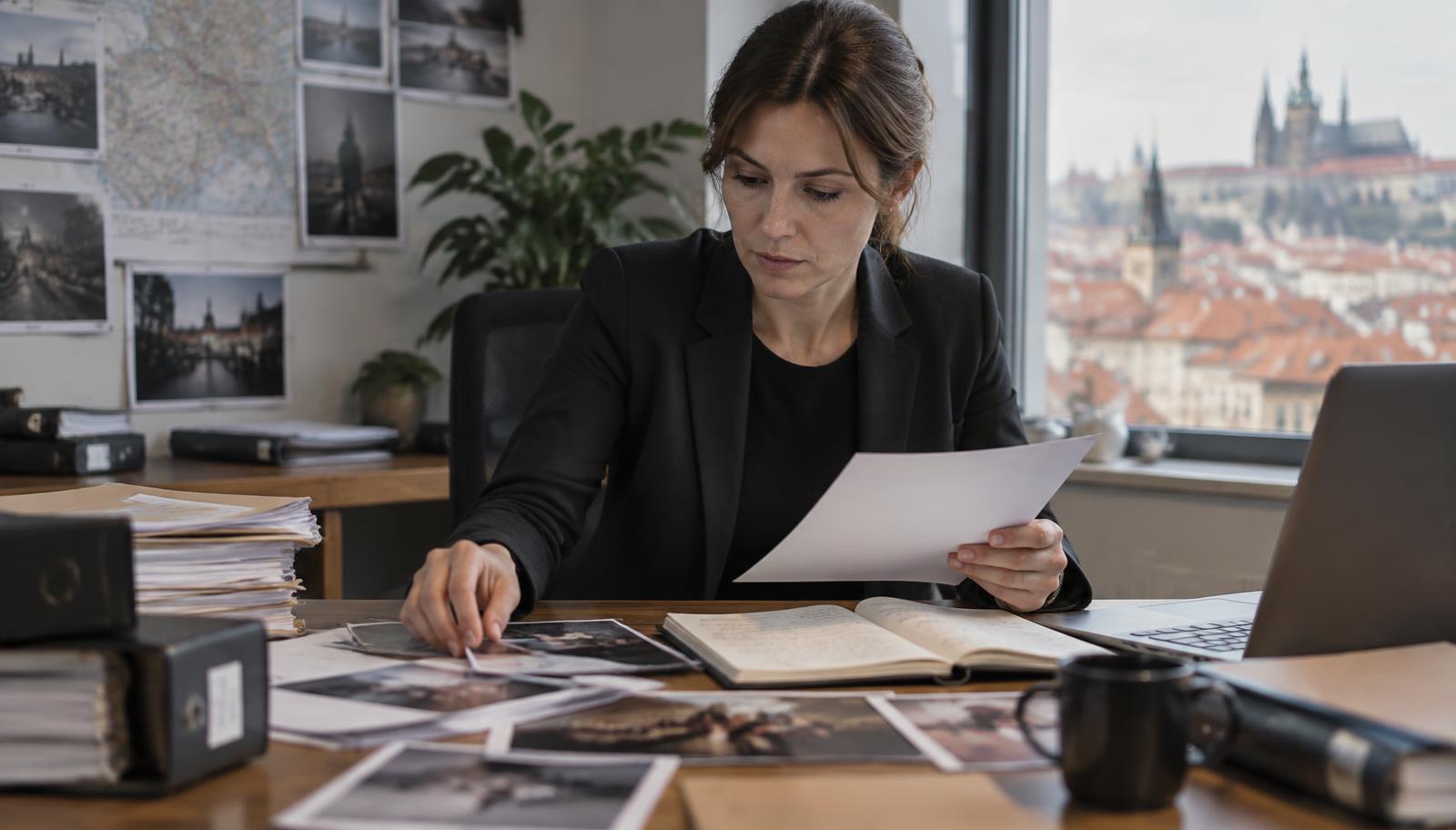 Investigator organizing a factual case file in an office overlooking Prague