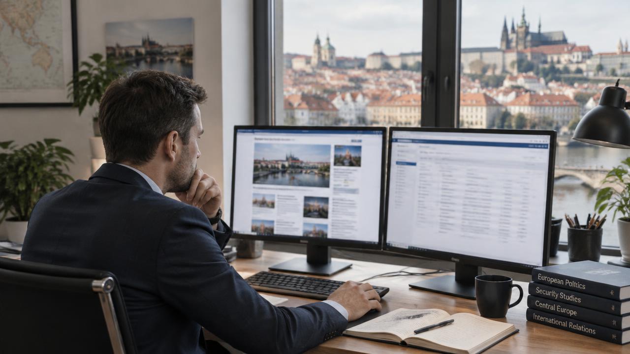 Analyst in an office reviewing news and web pages on two monitors