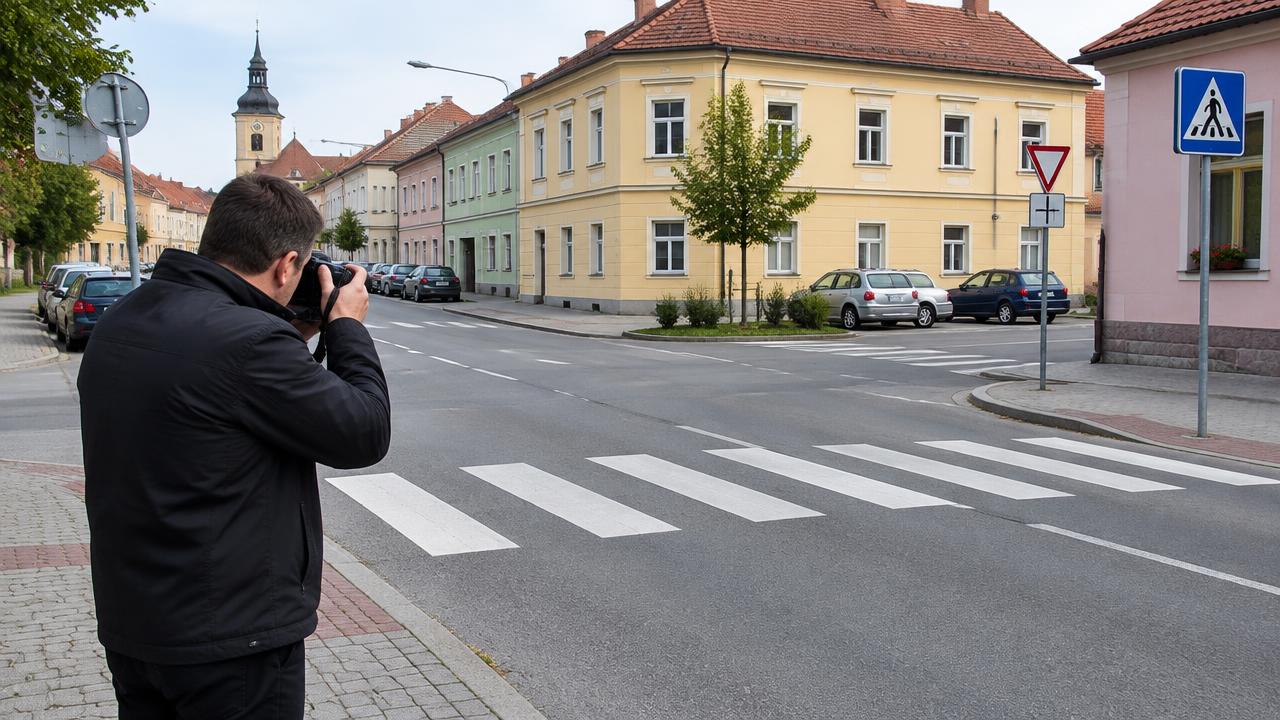 Investigator photographing a road junction and pedestrian crossing in a Czech town