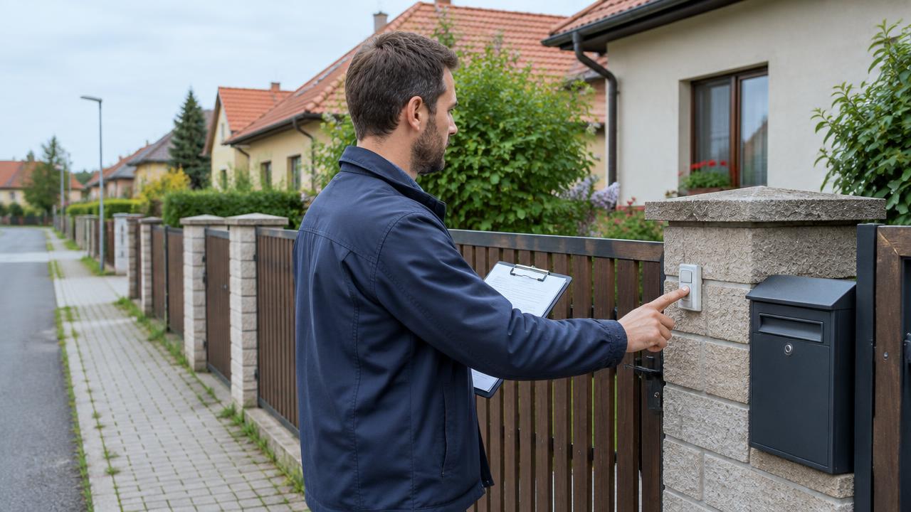 Field representative ringing the bell at a garden gate on a quiet Czech residential street