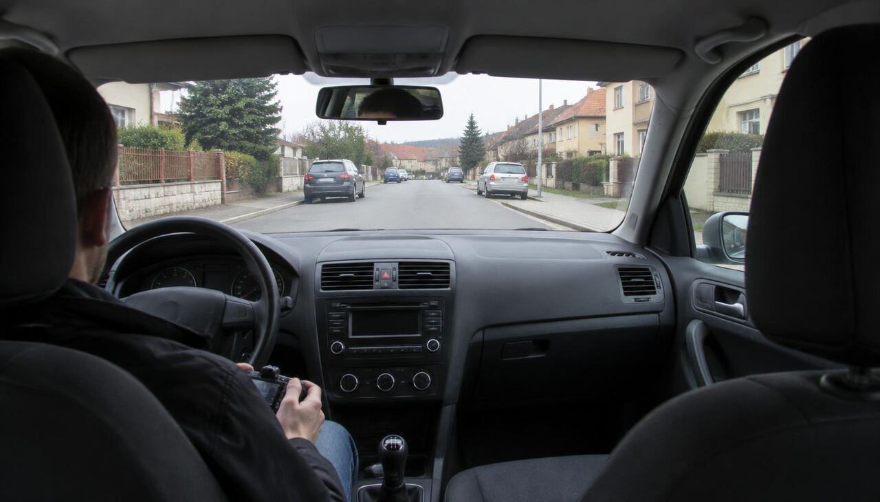 View from inside a parked car on a quiet Czech residential street, with the driver holding a camera