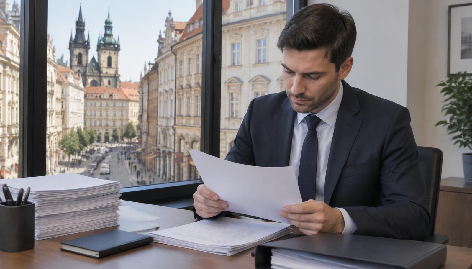 Due diligence professional reviewing business records in an office overlooking a Prague street