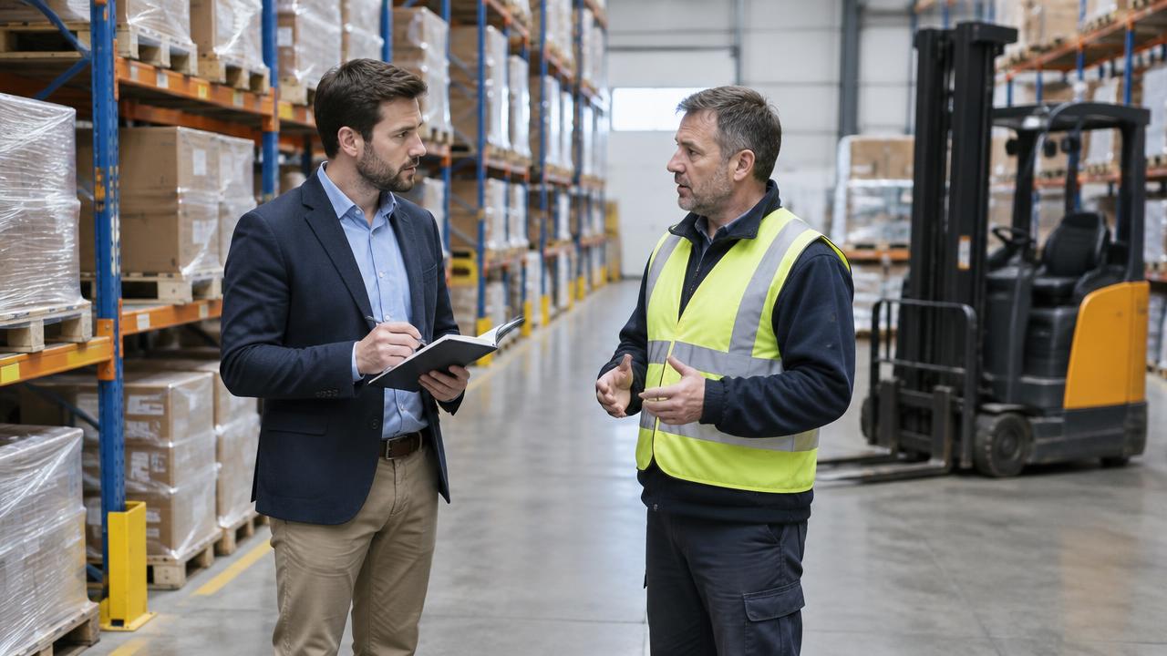 Investigator taking notes while speaking with a warehouse manager in a logistics facility