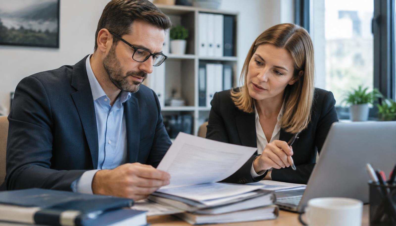 Claims professionals reviewing a claim file in a European insurance office
