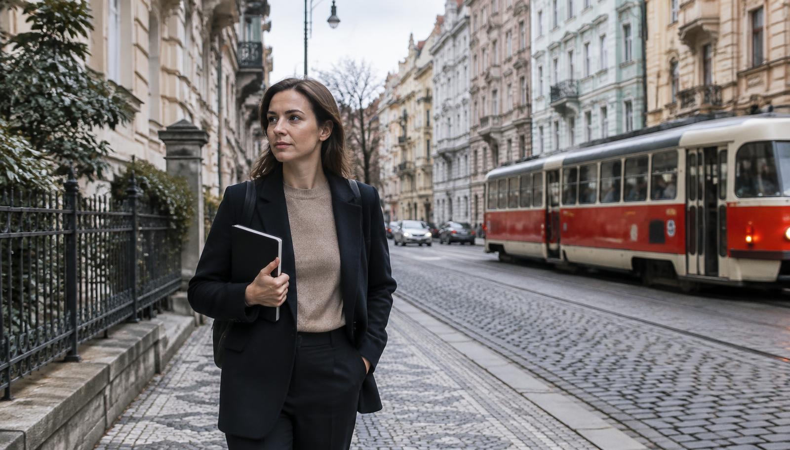 Field investigator walking along a Prague residential street as a tram passes