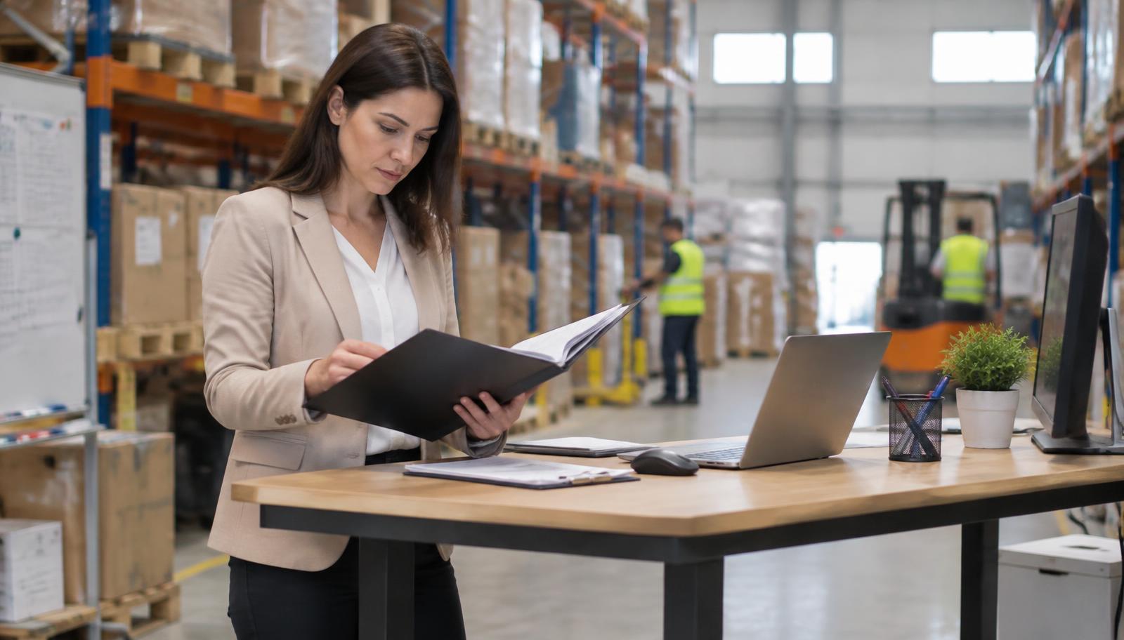 HR and risk professional reviewing a file in a Central European logistics warehouse
