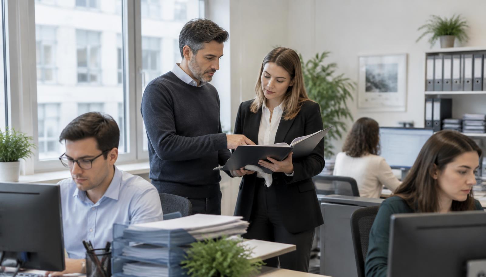 Claims-management team coordinating case files in a European office